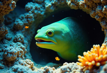 Fototapeta premium Colorful fish peeks out from a vibrant coral reef underwater scene