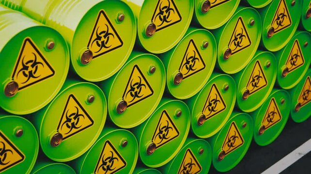 Stacked Green Barrels with Biohazard Signs Warning of Hazardous Waste