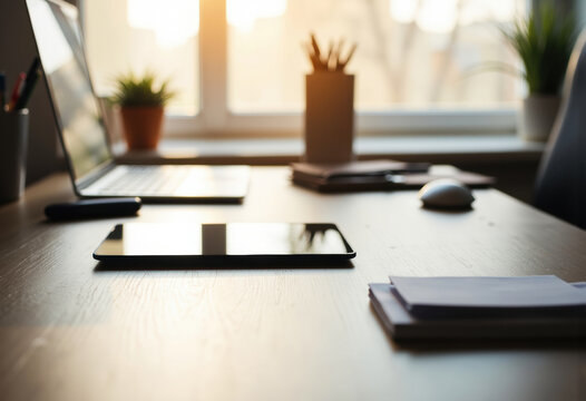 Modern office workspace with laptop, tablet, and stationery on a wooden desk