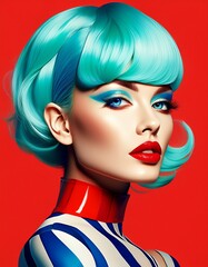 Frau mit künstlich wirkender blauer Frisur und kräftigem Makeup im knalligen Pop-Art-Stil. Ausdrucksstarkes Farbspiel in Rot, Grün, Blau und Weiß.