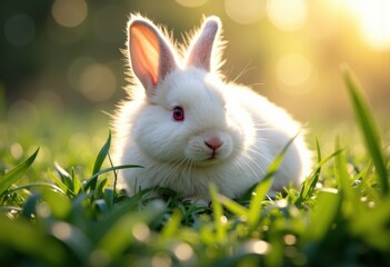 Fototapeta premium A fluffy white rabbit resting on green grass in a sunlit garden