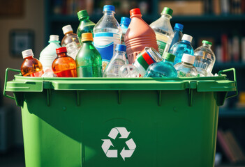 A green recycling bin filled with various plastic bottles ready for disposal