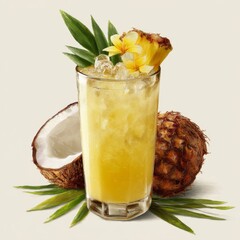 Refreshing tropical beverage garnished with fresh flowers, served chilled in a tall glass, surrounded by pineapple and coconut