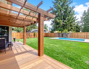Backyard with wooden pergola, patio, and pool