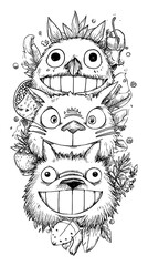 Fototapeta premium Whimsical Hand-Drawn Doodle of Adorable Cartoon Animal Characters