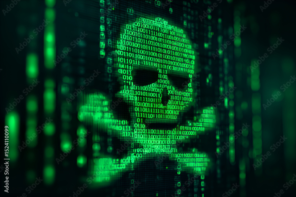 Poster digital skull and crossbones emerging from binary code stream