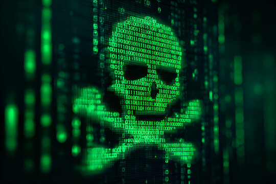 Digital skull and crossbones emerging from binary code stream
