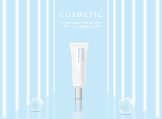 Cosmetic product ads template on blue  background with beam of light.