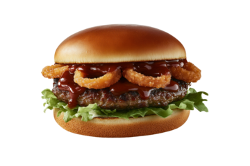 Savory Burger Delight: A mouthwatering burger featuring a juicy patty, fresh lettuce, crispy onion rings, and a glistening sauce, nestled between two golden-brown buns, offering a culinary experience.