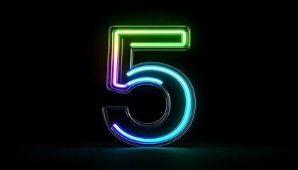 Glowing colorful line inside the glass symbol 5 shape. 