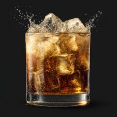 Refreshing Cocktail with Ice Cubes Splashing in Glass Against Dark Background, Perfect for Beverage Photography