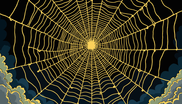 Illustration of Anansi &mdash; a web of stories and symbols against a dark background