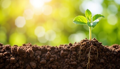 Young plant emerging from soil under sunlight in a green environment, plant root system in soil 