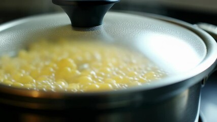 Boiling fresh corn kernels in a saucepan for a delicious side dish at home - Powered by Adobe