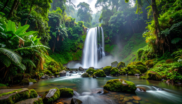 A powerful waterfall in the heart of the jungle, cascading into a clear pool surrounded by vibrant green foliage and mist in ultra-crisp detail. - Powered by Adobe