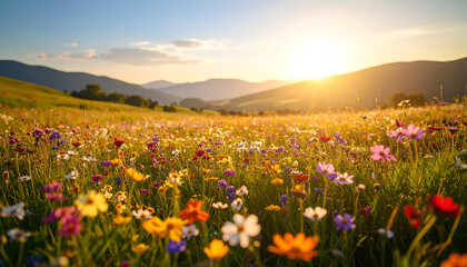 A bright and colorful meadow full of blooming wildflowers under a clear sky, showcasing vibrant petals, soft grass, and natural beauty in full detail.