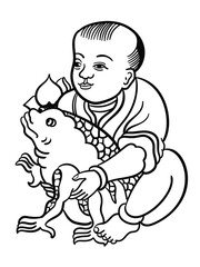 Hand-drawn Dong Ho folk coloring page illustrating a boy holding a toad. Print on demand.
