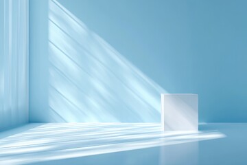 Obraz premium Light-filled, minimalist, pastel blue room with white cube