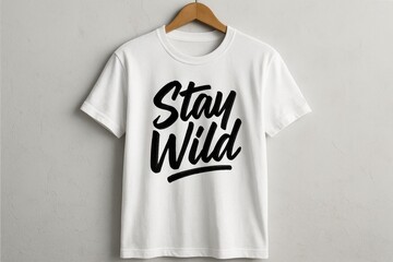 A Stylish white cotton t-shirt with a bold print that says Stay Wild, perfect for expressing a free spirited personality and love for adventure in modern fashion