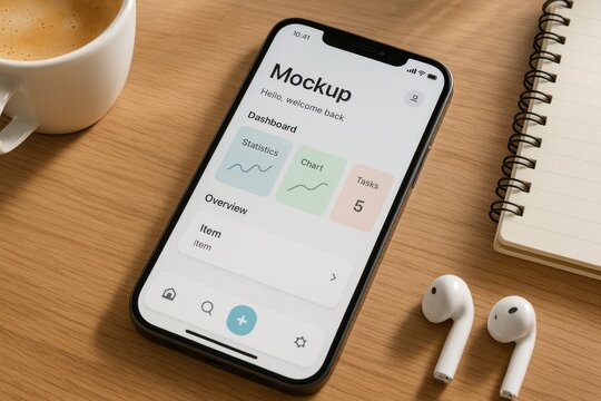 A smartphone displays a modern app interface on a wooden desk, surrounded by a notebook, earbuds, and a cup of coffee, creating a workspace aesthetic.