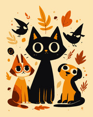Fototapeta premium Colorful Cartoon Animals Surrounded by Autumn Leaves and Birds in Art Style