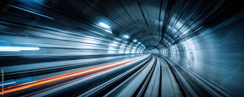 Poster fast moving train in tunnel with dynamic light effects