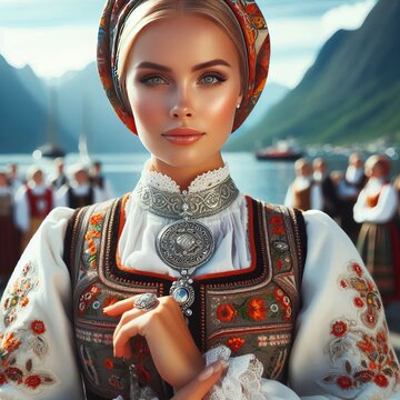 Norwegian Bunad A woman in a traditional bunad with detailed emb