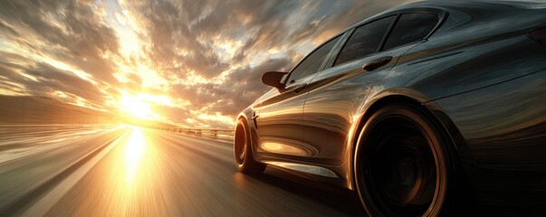 Sport Car Driving Fast on Road During Beautiful Sunset Moment