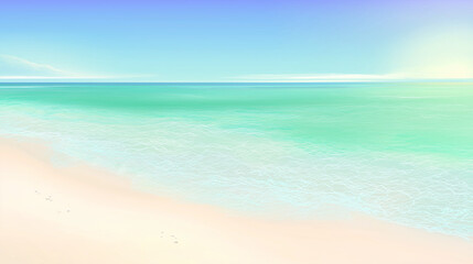 Obraz premium 広く静かなビーチの風景。透き通った浅瀬の海から、その下にある柔らかく白い砂浜が覗いている。海はライトブルーからエメラルドグリーンへと完璧なグラデーションを描き、穏やかな水平線が遠くまで続いている。そよ風が水面を揺らし、小さな波紋を作り出している。太陽は低い位置にあり、温かみのある黄金色の輝きをこの風景に投げかけている。