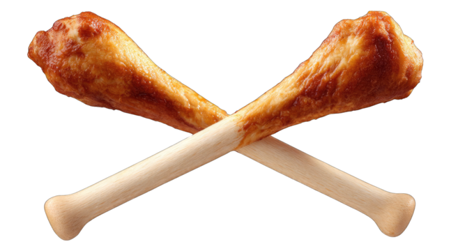 Two breaded chicken drumsticks crossed like baseball bats