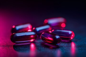 Close up of red and purple capsules reflecting neon lights