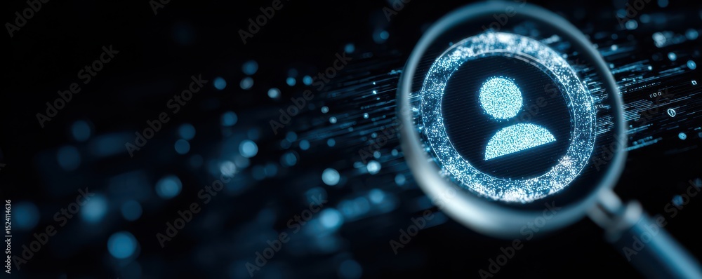 Poster digital magnifying glass focusing on a user icon in cyberspace