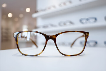 Stylish eyeglasses resting on counter in optical store
