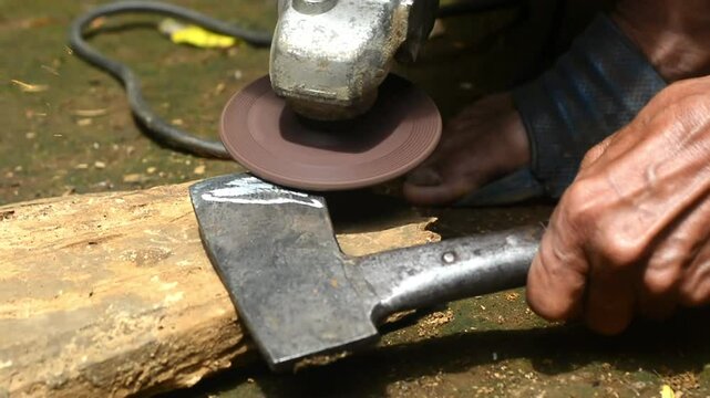Isolated close up of chef knife sharpening, honing and stropping process by  a skilled craftsman. Vintage old school craftsman at work in grange shop showing true professional skills.