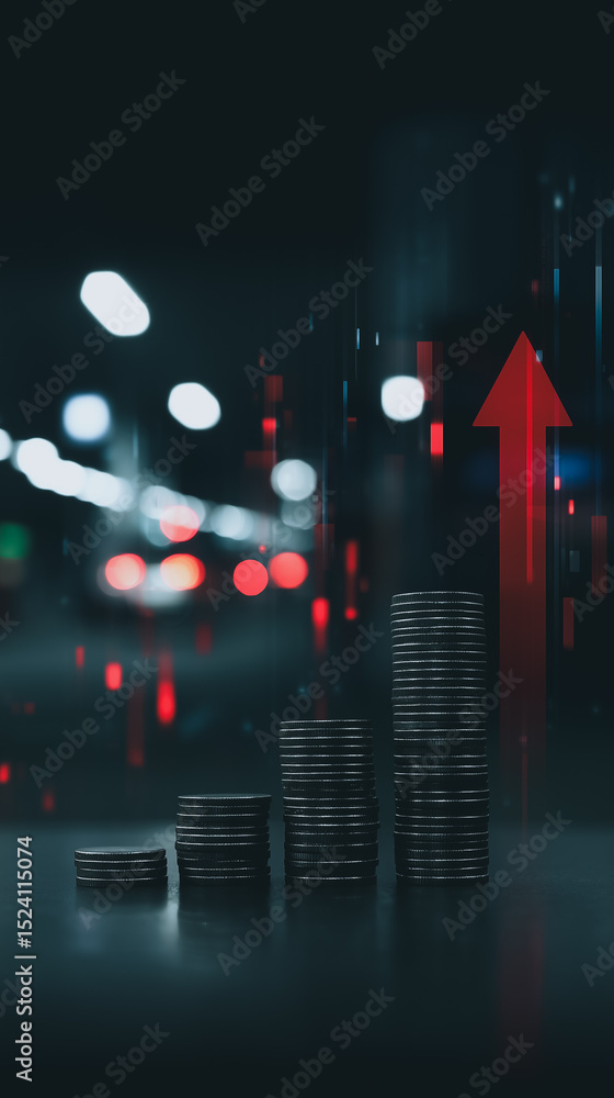 Poster coin stack ascending: a dynamic composition of coin stacks with a vivid red arrow symbolizing growth