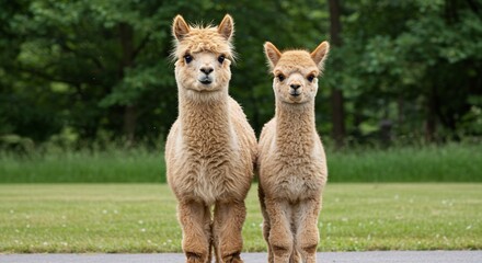 穏やかな光に包まれた二匹のアルパカ、柔らかな毛並みと優しい表情。緑豊かな自然背景. AI Generated