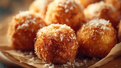 Golden, crispy coconut balls, close-up