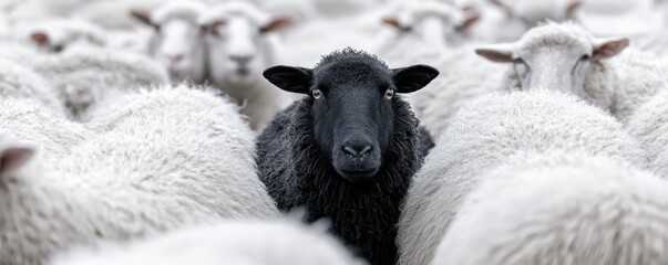 Single Black Sheep Among a Flock of White Sheep in Pasture Landscape