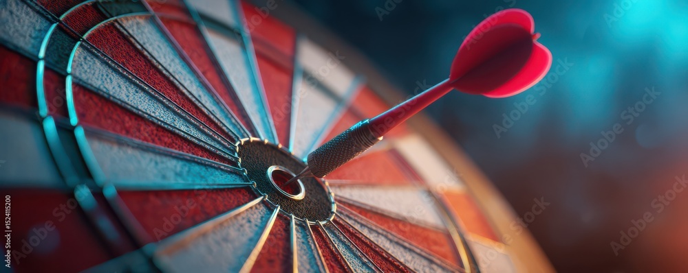 Poster dartboard with red dart hitting bullseye in dynamic lighting