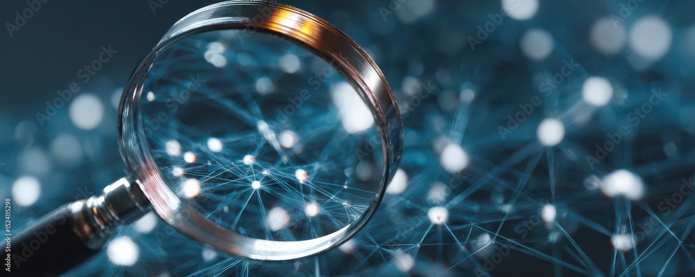Poster magnifying glass over network connections and digital data points