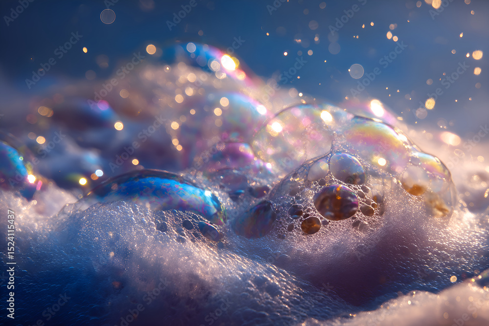 Aufkleber rainbow soap bubbles creating abstract shapes with foam and bokeh effect