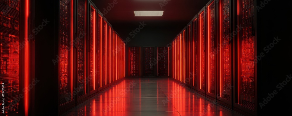 Poster futuristic data center corridor with red lighting and server racks