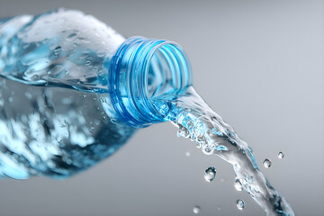 Refreshing water pouring from plastic bottle on grey background