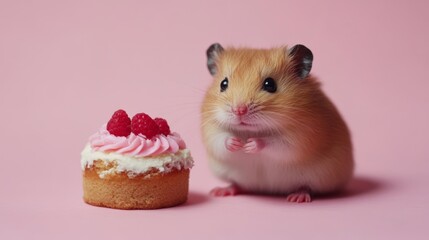 Adorable Hamster Sitting Near Cupcake on Pink Background for Birthday Banner Concept