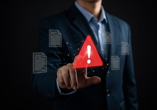 Image is a digital composite featuring a business professional in a dark suit, with a blurred face and light skin tone, standing against a black background. The focus is on the person's hand, which is