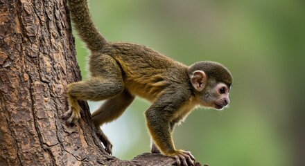 Naklejka premium 木に登る小さな猿 柔らかな光浴びて穏やか. AI Generated