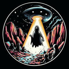 Surreal Alien Abduction Scene with Mysterious Figure and UFO Encounter