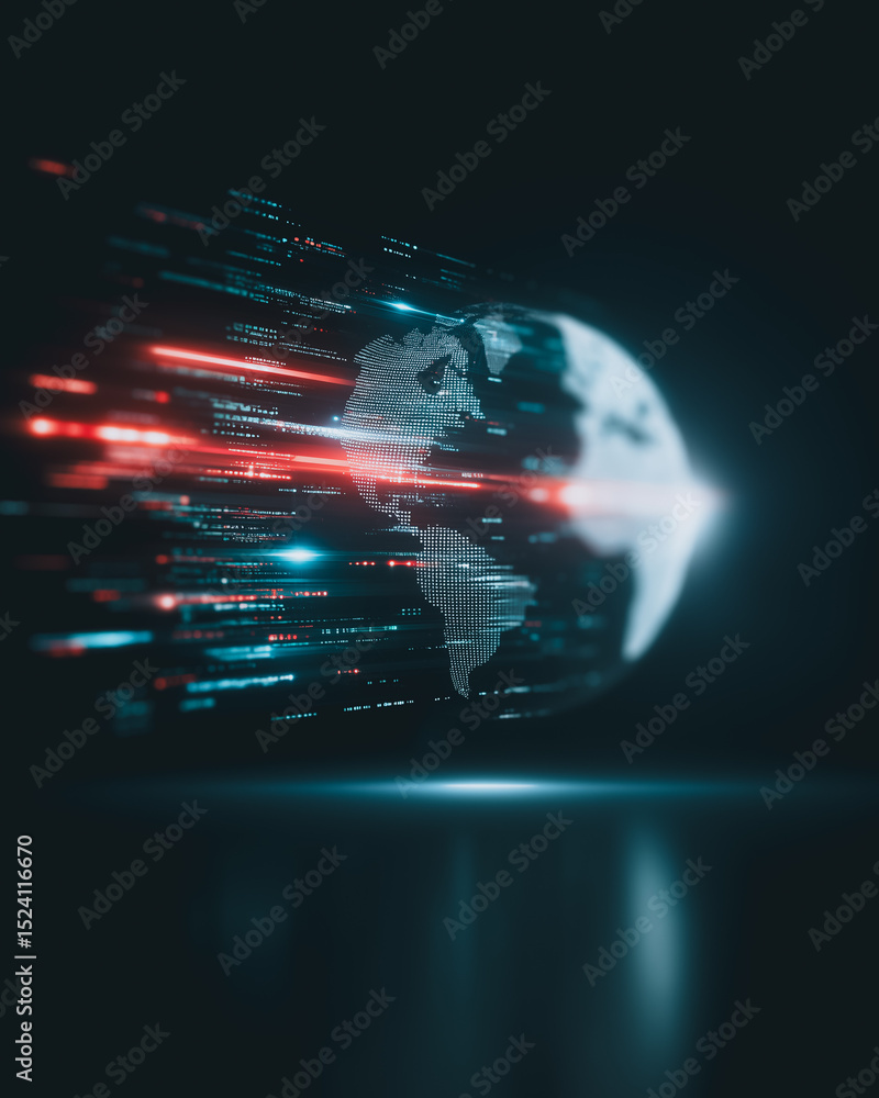 Poster digital globe: the earth illuminated by a cascade of digital lines, symbolizing the interconnectedne