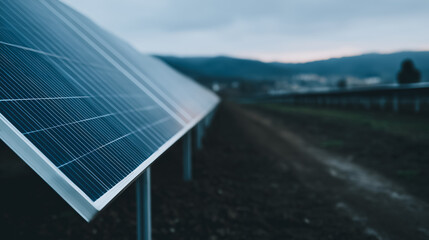 Harnessing the Sun: A modern array of solar panels stands as a testament to sustainable energy, framed against the backdrop of an overcast sky. It is a powerful symbol of green power.