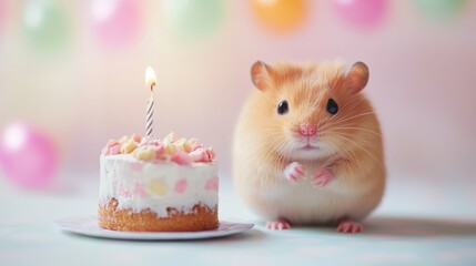 Adorable Hamster Sitting Near Cupcake on Pink Background for Birthday Banner Concept